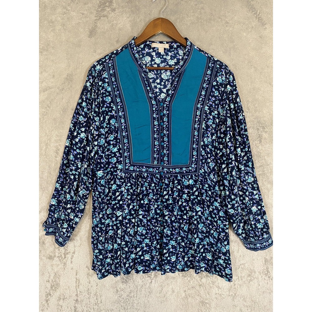 Woman Within Blouse Womens 18/20 Blue Floral Boho Tunic Button Flowy Peasant - Picture 2 of 10